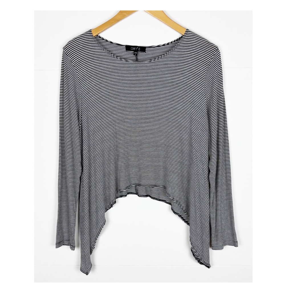 Comfy USA Top Size Large Striped Black White Asymmetrical Long Sleeve